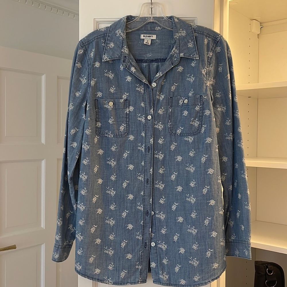 Denim Floral print button down shirt + button details